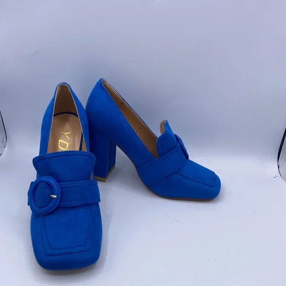 YDN Blue Suede Chunky High Heel Square Toe Loafer Buckle Office Pumps - Picture 4 of 11